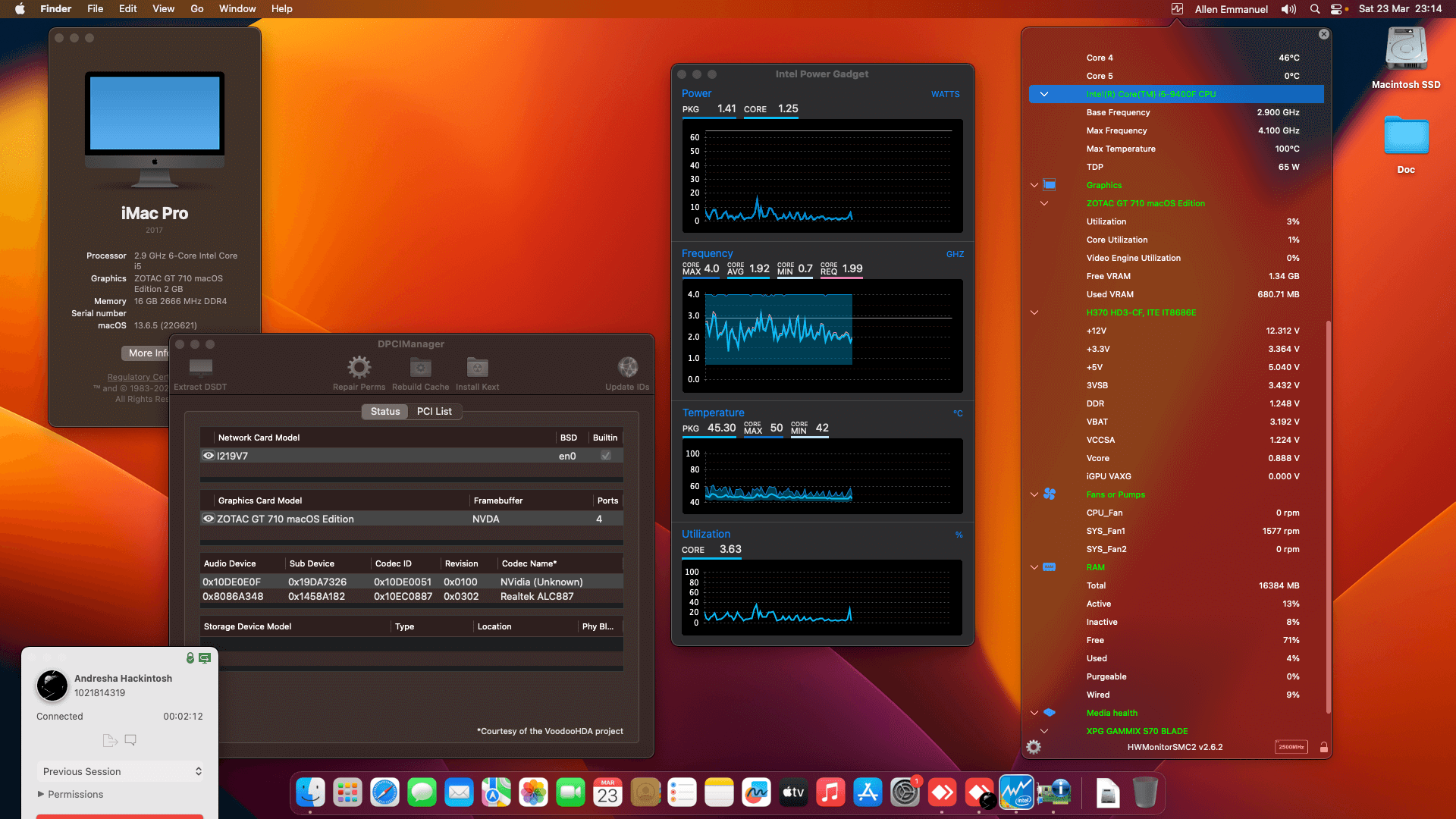 Success Hackintosh macOS Ventura 13.6.5 Build 22G621 in Gigabyte H370 HD3 + Intel Core i5 9400F + Zotac GT 710